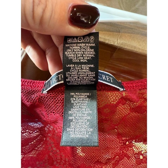 Victorias Secret Red Lace Long Sleeve Plunging V Neck Bodysuit S P - Picture 6 of 6